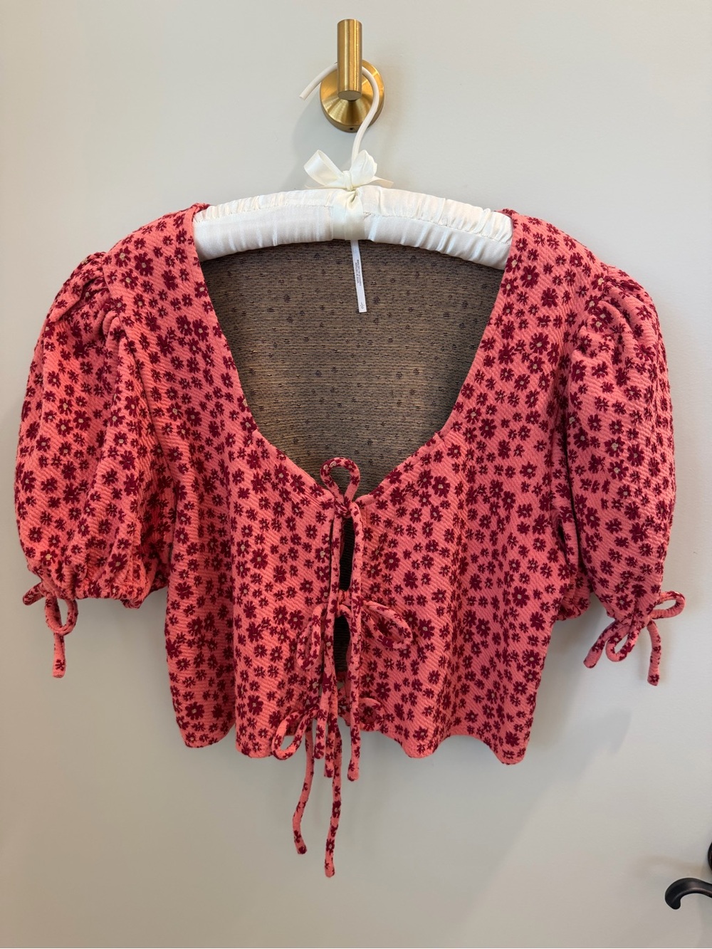 Floral Tie-Front Puff Sleeve Crop Top - Pink